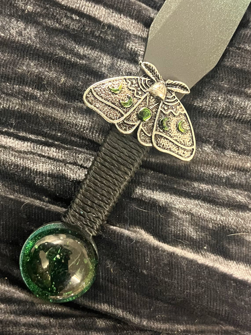 Athame / Dagger - Lunar Moth Moon Phases Green Ombre Black with Green Glass Stone 6.5 Inches