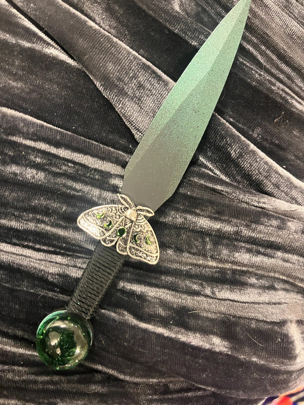 Athame / Dagger - Lunar Moth Moon Phases Green Ombre Black with Green Glass Stone 6.5 Inches