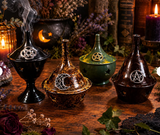 Hand Painted Brass Incense Burner with Lid – Cone & Stick Holder – Witchy Altar Decor – Celtic Knot, Crescent Moon and Pentacle Designs