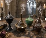 Hand Painted Brass Incense Burner with Lid – Cone & Stick Holder – Witchy Altar Decor – Celtic Knot, Crescent Moon and Pentacle Designs
