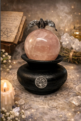 Lilith Rose Quartz Sphere on Handmade Clay Stand with Lilith Sigil 1.5 pounds
