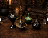 Hand Painted Brass Incense Burner with Lid – Cone & Stick Holder – Witchy Altar Decor – Celtic Knot, Crescent Moon and Pentacle Designs