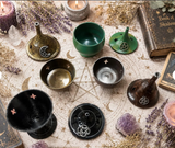 Hand Painted Brass Incense Burner with Lid – Cone & Stick Holder – Witchy Altar Decor – Celtic Knot, Crescent Moon and Pentacle Designs