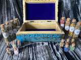 Witch's Apothecary Box with Herbs and Gemstone Glass Vials + Spells (Triquetra)