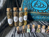 Witch's Apothecary Box with Herbs and Gemstone Glass Vials + Spells (Triquetra)
