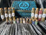 Witch's Apothecary Box with Herbs and Gemstone Glass Vials + Spells (Triquetra)