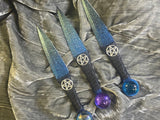 Ombre Athame Dagger: Royal Blue Teal, Pentagram, Glass Stone, 6.5 Inch