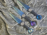 Ombre Athame Dagger: Royal Blue Teal, Pentagram, Glass Stone, 6.5 Inch
