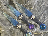 Ombre Athame Dagger: Royal Blue Teal, Pentagram, Glass Stone, 6.5 Inch