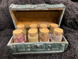Witch's Herb Chest: Green Hand-Painted Box with 8 Glass Jars & Spells