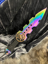 Athame / Dagger - Small - Rainbow Copper Raven Triple Moon Goddess Pentacle Embellishment 7 Inches (MINI-1044)