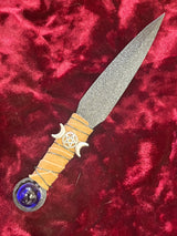 Triple Moon Goddess Athame: Leather Wire Wrap, Blue Glass Sphere - 6.5 Inch