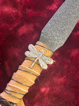 Athame / Dagger - Dragonfly Leather Wire Wrap Black Glass Sphere Blade Black Metallic  6.5 Inches