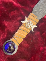 Triple Moon Goddess Athame: Leather Wire Wrap, Blue Glass Sphere - 6.5 Inch