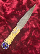 Crescent Moon Athame: Leather Wire Wrap, Blue Glass Sphere - 6.5 Inch