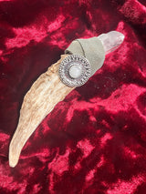 Pocket Wand - Whitetail Deer Antler Quartz Crystal Leather Moonstone 4 Inches