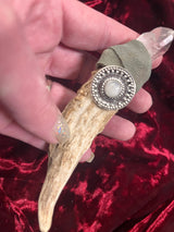 Pocket Wand - Whitetail Deer Antler Quartz Crystal Leather Moonstone 4 Inches