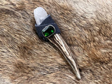 Antler Quartz Pocket Wand: Leather Wrap, Emerald Stone
