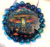 Suncatcher Mushroom Ribbon Hanging Glass Dark Blue Discs Acrylic and Glass Handmade