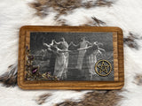 Wood Plaque Dancing Witches 5"x3" Stained and Sealed Embellishments Bronze Pentacle