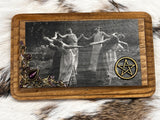 Wood Plaque Dancing Witches 5"x3" Stained and Sealed Embellishments Bronze Pentacle