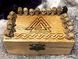Handmade Oak Tarot Box – Judgement Skull Raven Valknut Carved