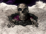 Handmade Resin Skull Statue Climbing out of Picture Frame Purple Crushed Velvet OOAK