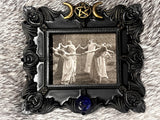 Witches Circle Magnet, Bronze Triple Moon, Blue Glass Stone, Black Antique Frame