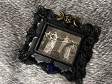 Witches Circle Magnet, Bronze Triple Moon, Blue Glass Stone, Black Antique Frame