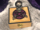 Handmade Resin Skull Box: Bronze Skeleton, Purple Pentacle Altar Piece