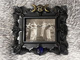 Witches Circle Magnet, Bronze Triple Moon, Blue Glass Stone, Black Antique Frame