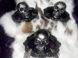 Handmade Resin Skull Statue Climbing out of Picture Frame Purple Crushed Velvet Altar