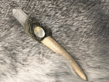Pocket Wand - Whitetail Deer Antler Quartz Crystal Leather Mother of Pearl 5 Inches