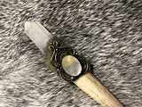 Pocket Wand - Whitetail Deer Antler Quartz Crystal Leather Mother of Pearl 5 Inches