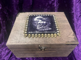 Raven with Bronze Skulls Wooden Large Altar Chest with Metal Embellishments 9.5x7.5x5 Inches