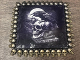 Raven with Bronze Skulls Wooden Large Altar Chest with Metal Embellishments 9.5x7.5x5 Inches