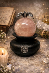 Lilith Rose Quartz Sphere on Handmade Clay Stand with Lilith Sigil 1.5 pounds
