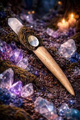 Pocket Wand - Whitetail Deer Antler Quartz Crystal Leather Mother of Pearl 5 Inches
