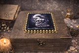 Raven with Bronze Skulls Wooden Large Altar Chest with Metal Embellishments 9.5x7.5x5 Inches