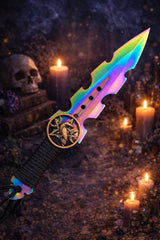 Athame / Dagger - Small - Rainbow Copper Raven Triple Moon Goddess Pentacle Embellishment 7 Inches (MINI-1044)