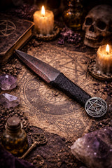 Athame / Dagger - Small - Black / Red Metallic Celtic Silver Pentacle 6.5 Inches (T12)