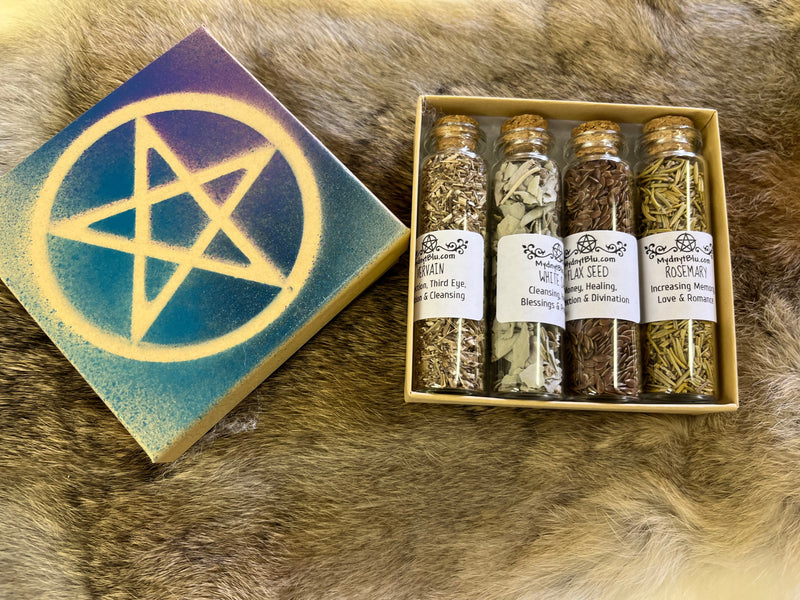 Witch's Herb Gift Set - 4 Glass Vials w/Pentagram Box