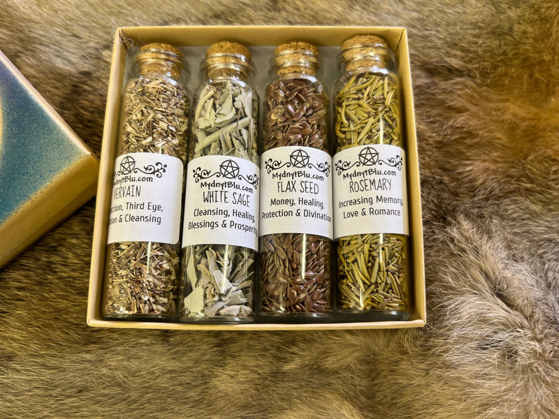 Witch's Herb Gift Set - 4 Glass Vials w/Pentagram Box