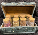 Witch's Chest Green with 8 Glass Jars Herbs with Properties with 125+ spells and more 7.5x4x3.75 Inches