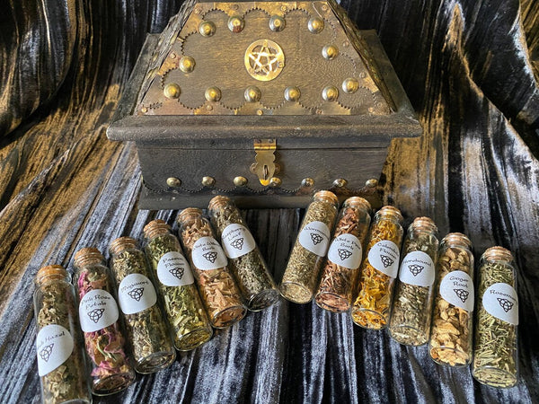 Witch's Chest with 12 Glass Vial Herbs w/spells