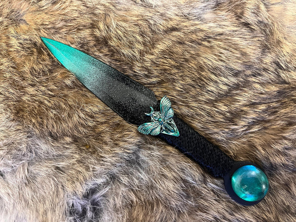 Athame / Dagger - Green Metallic Horned Moth Green Ombre and Black Blade Metallic Accents Green Glass Stone 6.5 Inches