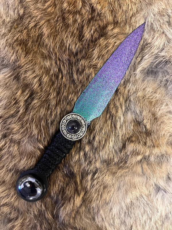 Athame / Dagger - Amethyst Moon Phases Purple and Blue Blade Metallic Accents Black Metallic Glass Stone 6.5 Inches