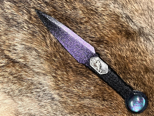 Athame / Dagger - Celtic Raven Moon Purple Ombre Black Blade Metallic Accents Metallic Blue Purple Glass Stone 6.5 Inches