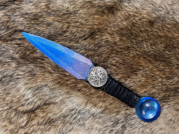 Athame / Dagger - Celtic Pentacle Blue Purple Ombre Black Blade Metallic Accents Metallic Blue Glass Stone 6.5 Inches