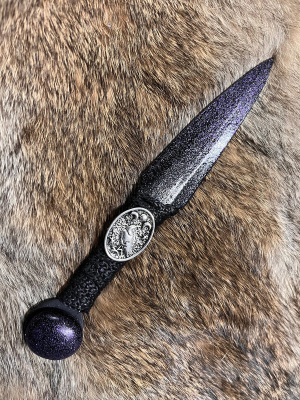 Athame / Dagger - Raven Moon Phases Purple and Black Blade Metallic Accents Purple Glass Stone 6.5 Inches